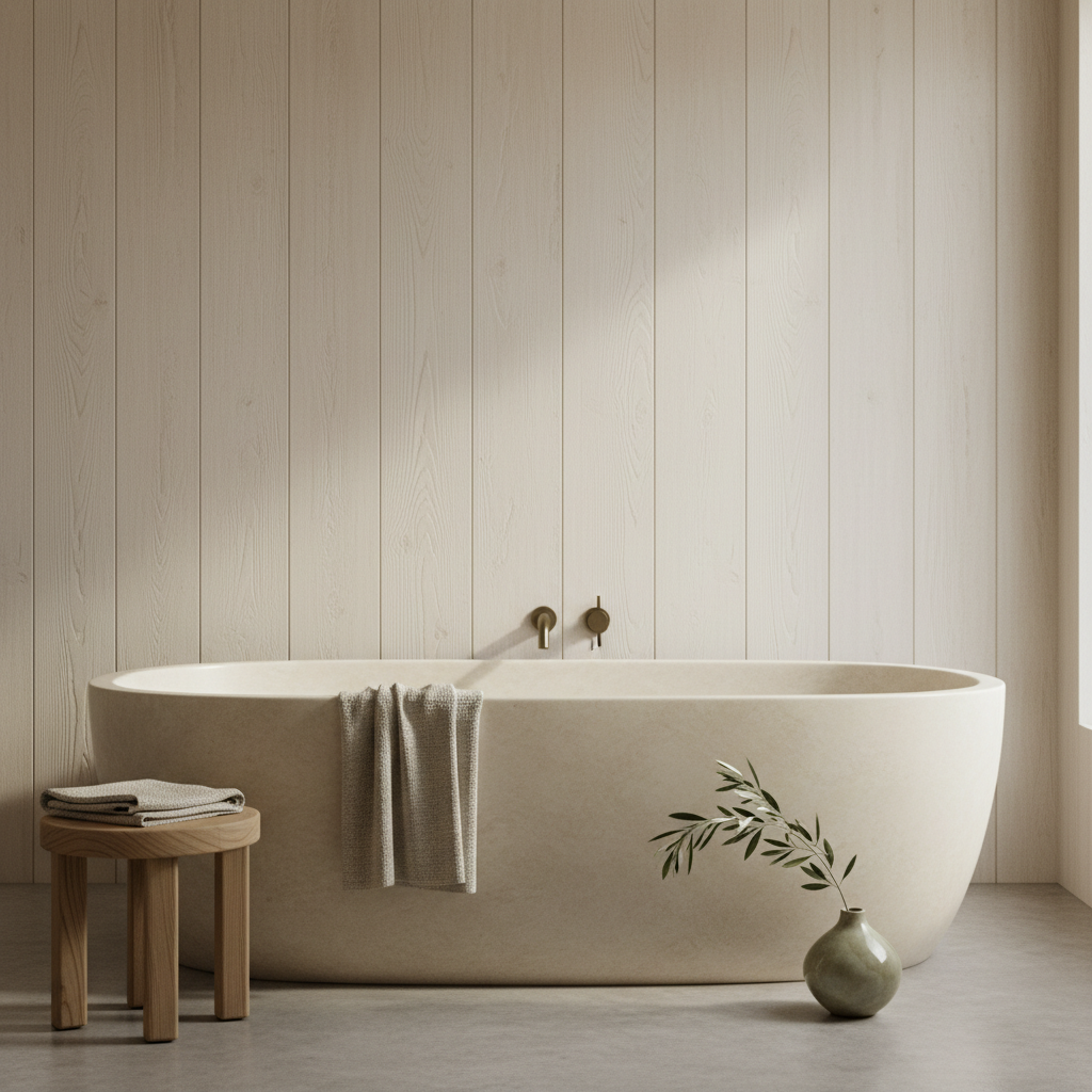 A deep, freestanding travertine tub sits in a sunlit minimalist bathroom.