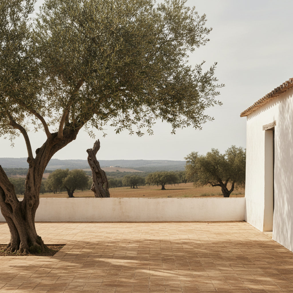 A whitewashed wall and clay-tiled terrace in Alentejo, Portugal, with an olive tree casting a long shadow.