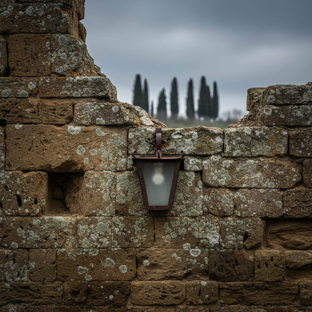 A weathered Tuscan stone wall with an old iron lantern stands under a grey winter sky, with cypress trees in the background.
