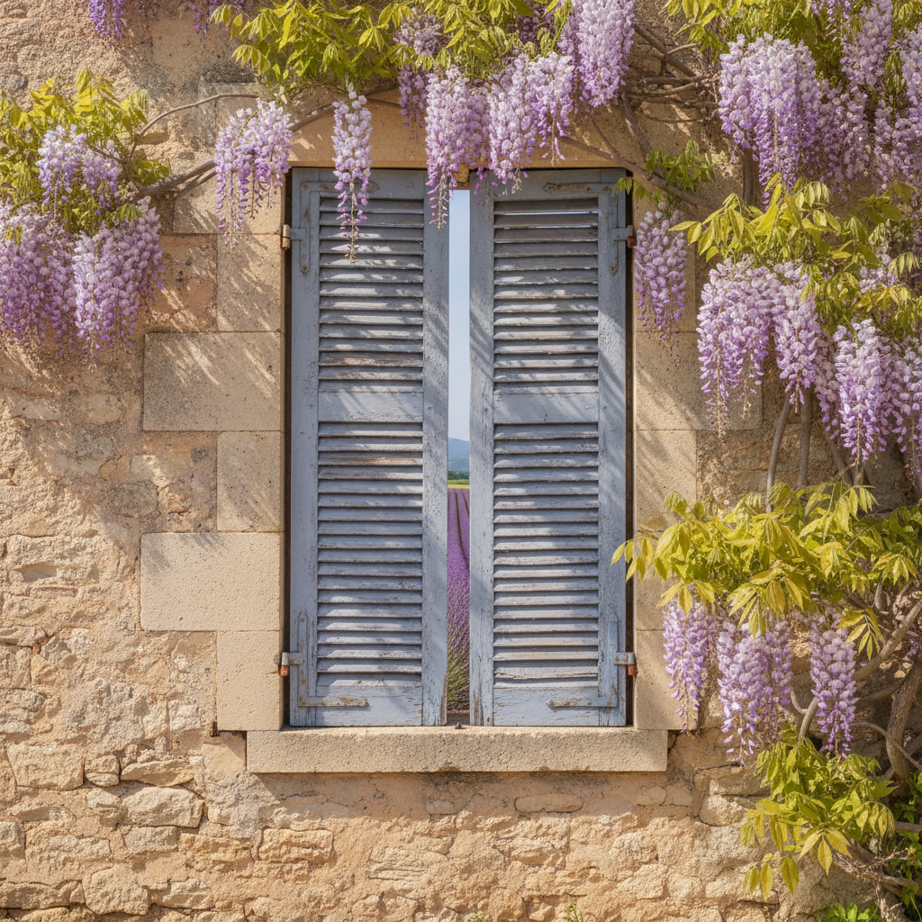 A pale Provençal wall with a blue louvred shutter, with wisteria trailing down and a lavender field in the distance.