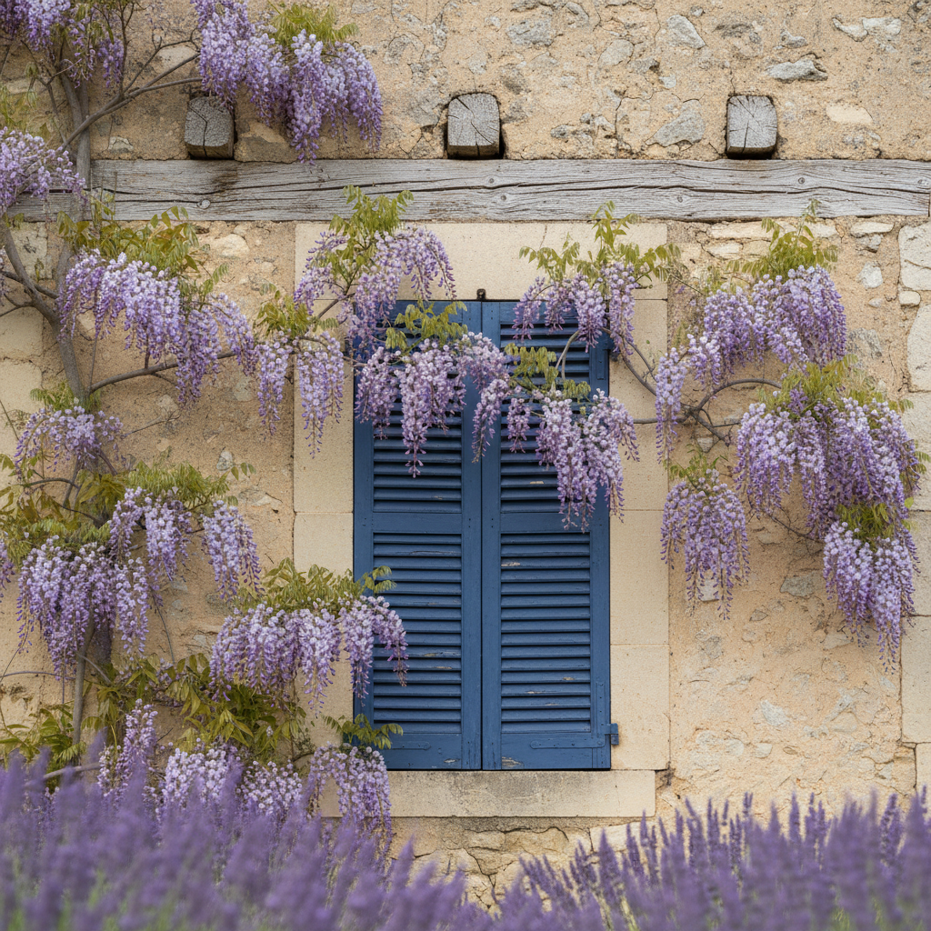 A pale ochre wall in Provence, France, with a blue wooden shutter and wisteria hanging from a weathered timber beam.