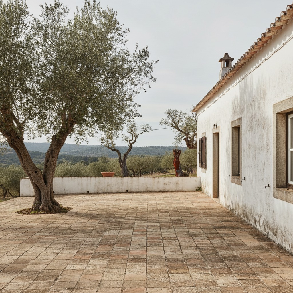 A quiet view of a whitewashed farmhouse in Alentejo, Portugal, its clay-tiled terrace shaded by a single olive tree.