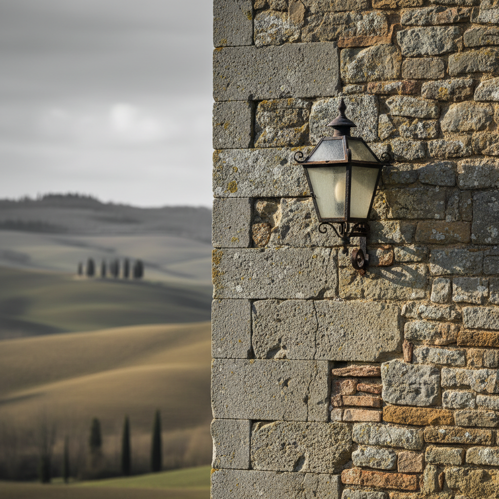 A weathered Tuscan stone wall with an iron lantern under a grey winter sky, with cypresses in the background.
