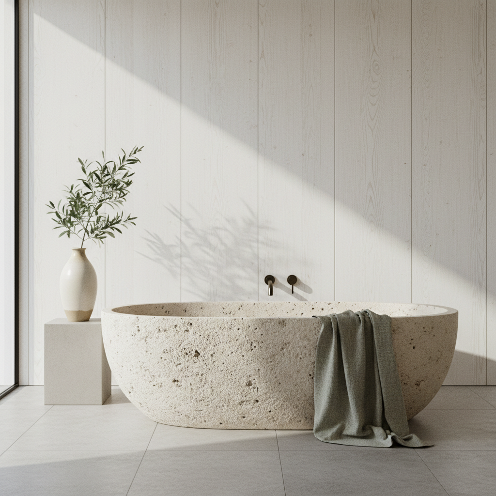 A sunlit, minimalist bathroom with travertine walls and a single olive branch in a vase.