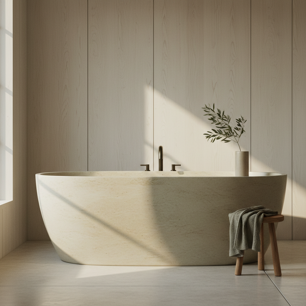 A sunlit minimalist bathroom with a travertine soaking tub and a serene, calming atmosphere.