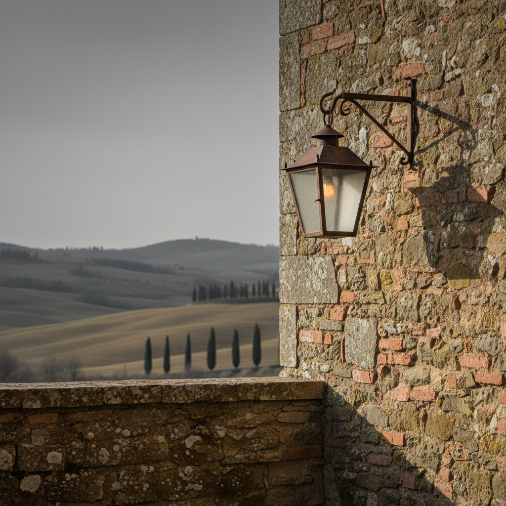 A weathered stone farmhouse with a low-pitched terracotta roof sits under a grey sky in Tuscany.