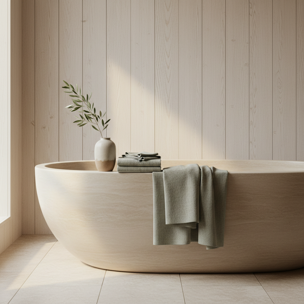 A minimalist bathroom with a travertine soaking tub is filled with calm, even light.