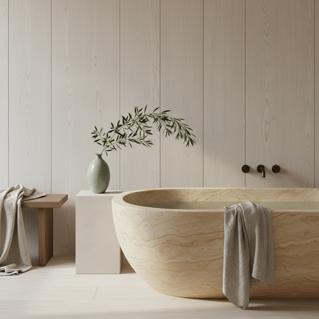 Sunlight falls across a quiet, minimalist bathroom with a travertine tub and white oak walls.