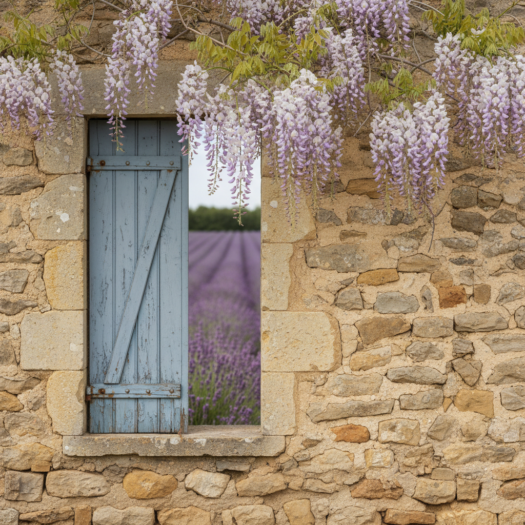 A pale blue wooden shutter with peeling paint is fixed to an old stone wall in Provence, France.