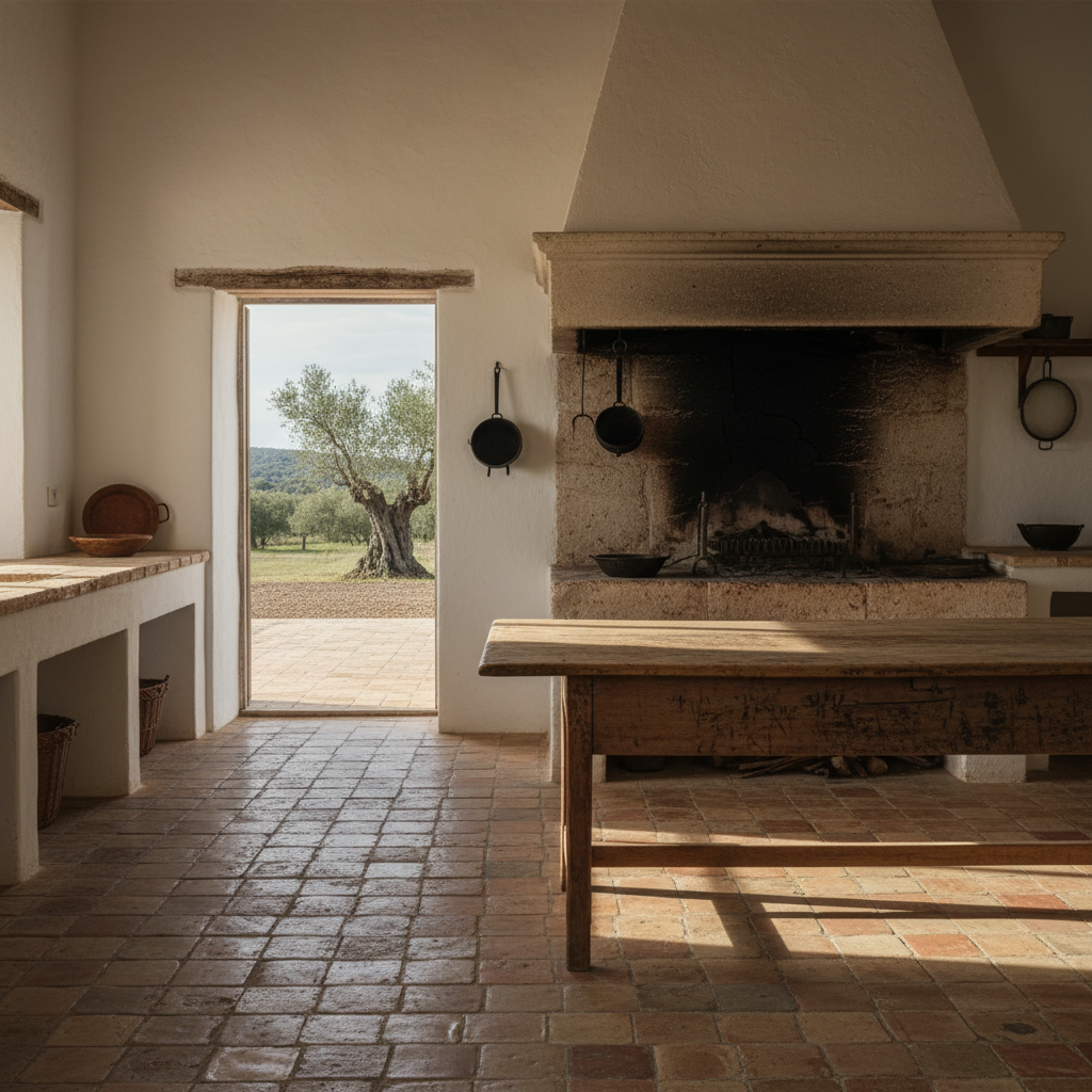 A rustic kitchen in a whitewashed Alentejo farmhouse, with a simple wooden table and a stone hearth.