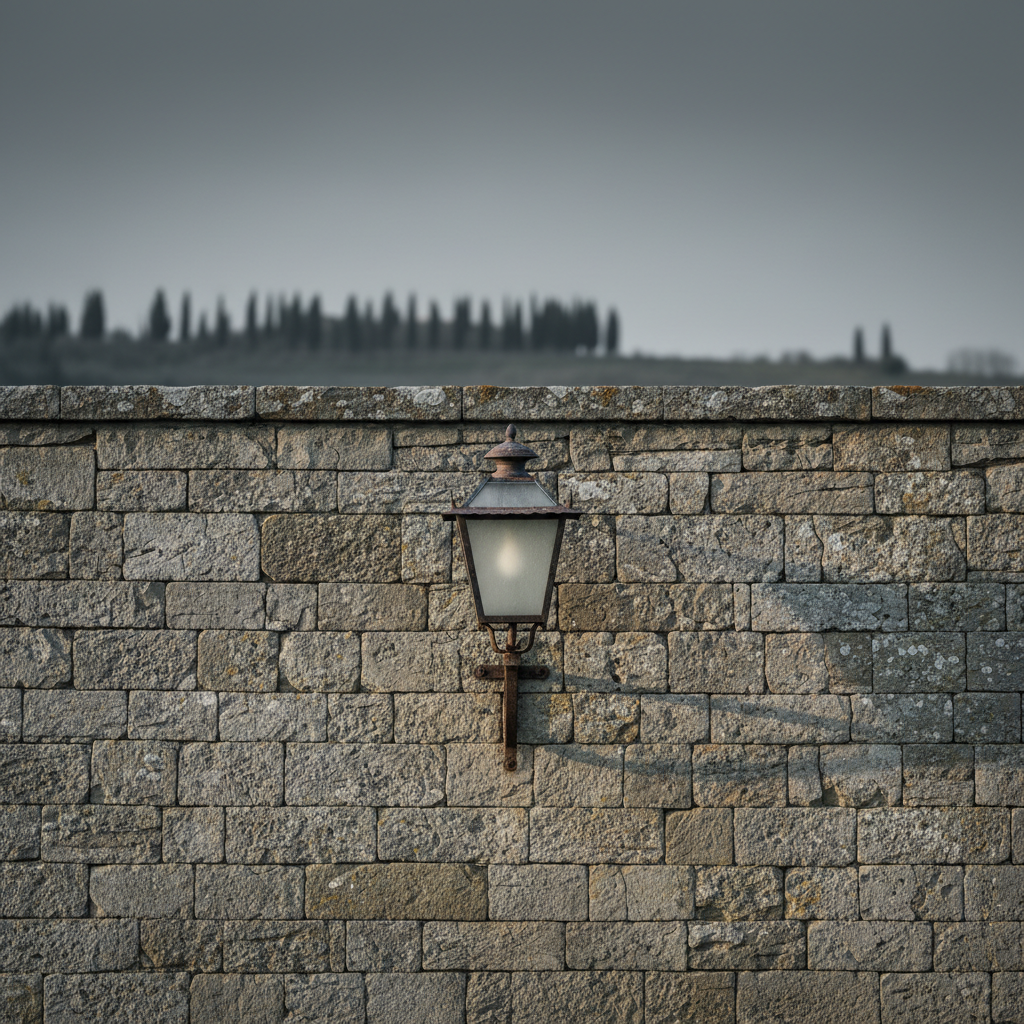 A weathered Tuscan stone wall in the Val d’Orcia, with an old iron lantern attached and cypress trees in the distance under a grey sky.