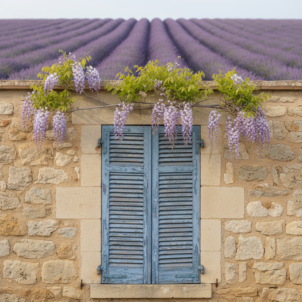 A pale stone wall in Provence with a blue louvred shutter, with a field of lavender visible beyond.