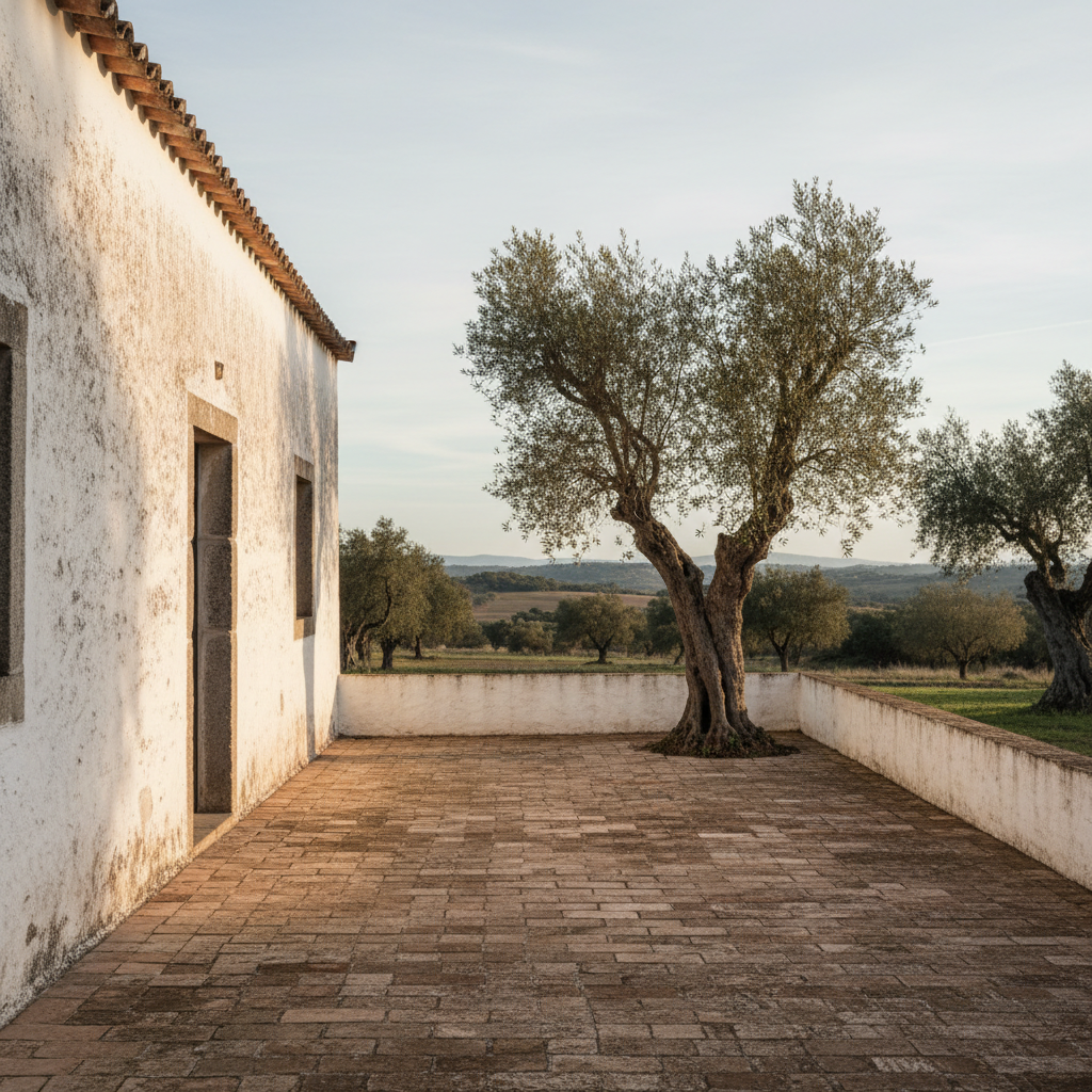 A whitewashed Alentejo farmhouse with a simple clay-tiled terrace, shaded by a single olive tree under soft winter light.