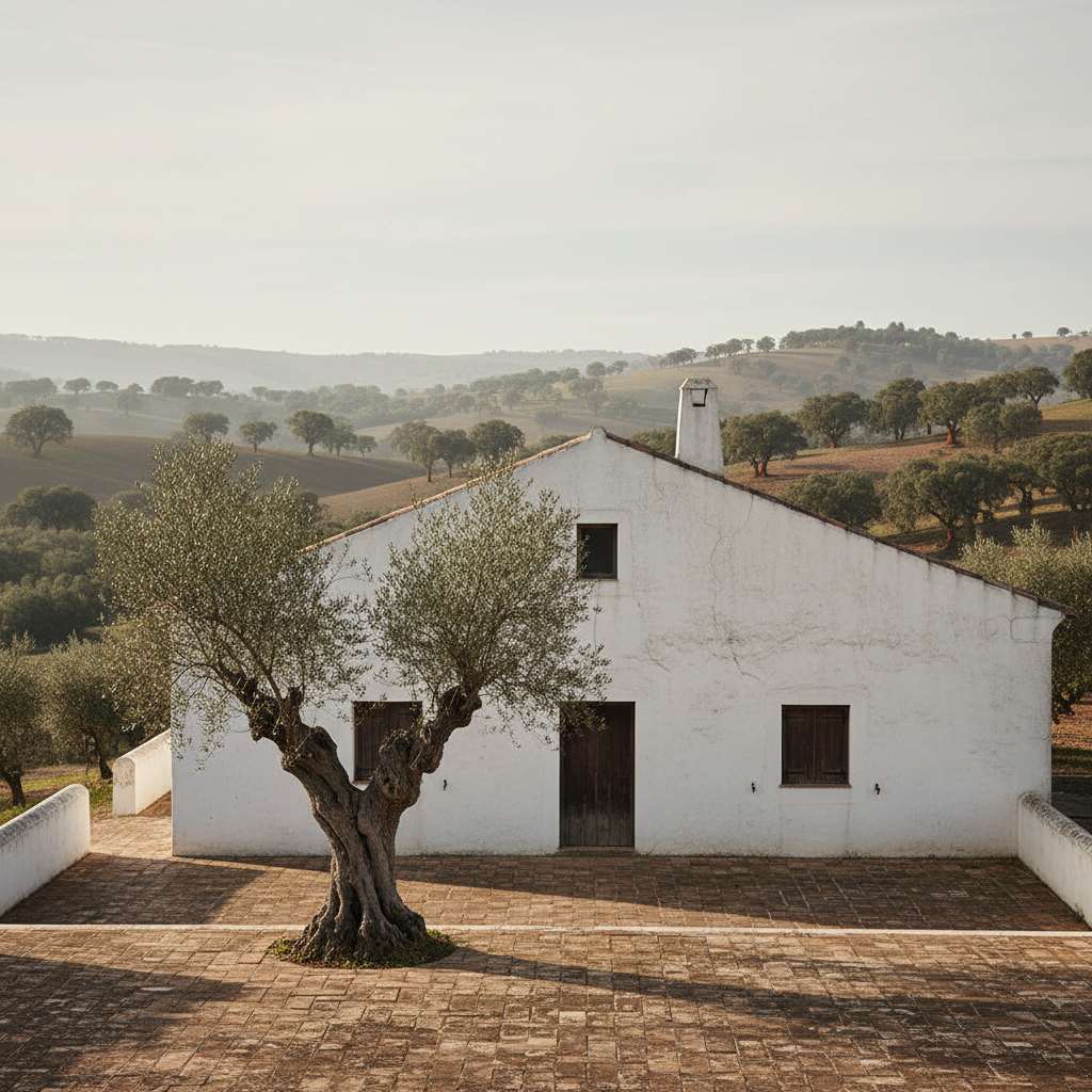 A single, mature olive tree casts a soft shadow on the whitewashed wall of a farmhouse in Alentejo, Portugal.