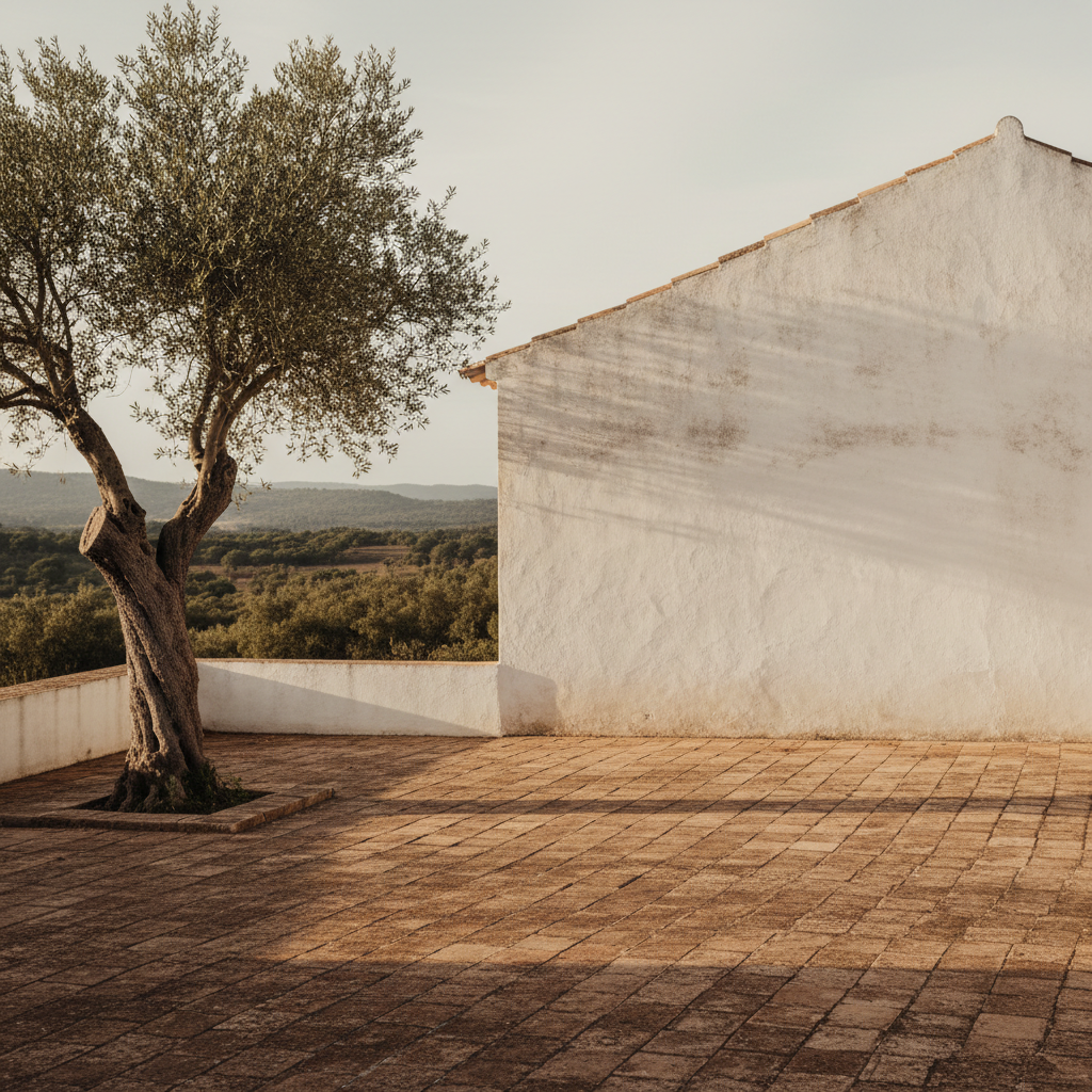 A single, ancient olive tree stands before the whitewashed wall of a farmhouse in Alentejo, Portugal.