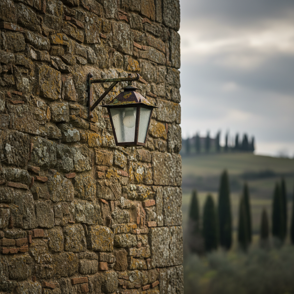 A weathered Tuscan stone wall with a small iron lantern against a grey winter sky.