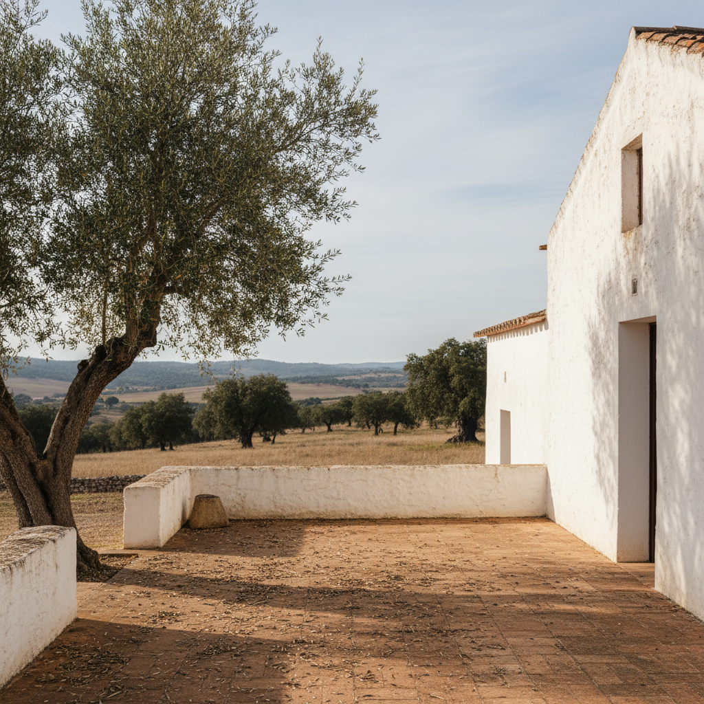 A whitewashed Alentejo farmhouse with a clay-tiled terrace and a single olive tree, seen in soft winter light.