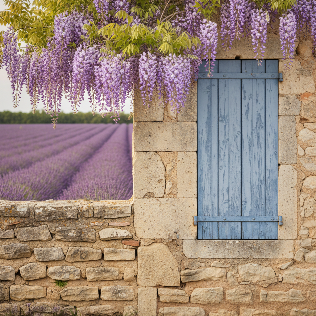 A pale stone wall in Provence, France, with a closed, blue-painted wooden shutter and a cascade of wisteria.