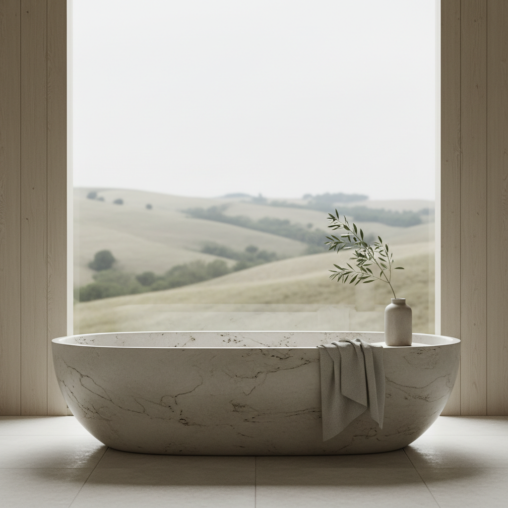 A sunlit bathroom with a travertine soaking tub next to a large window with a view of Tuscan hills.