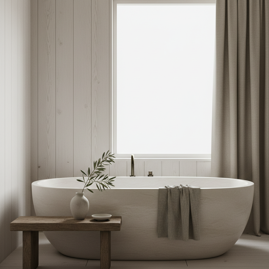A sunlit, minimalist bathroom featuring a travertine soaking tub and white oak walls.