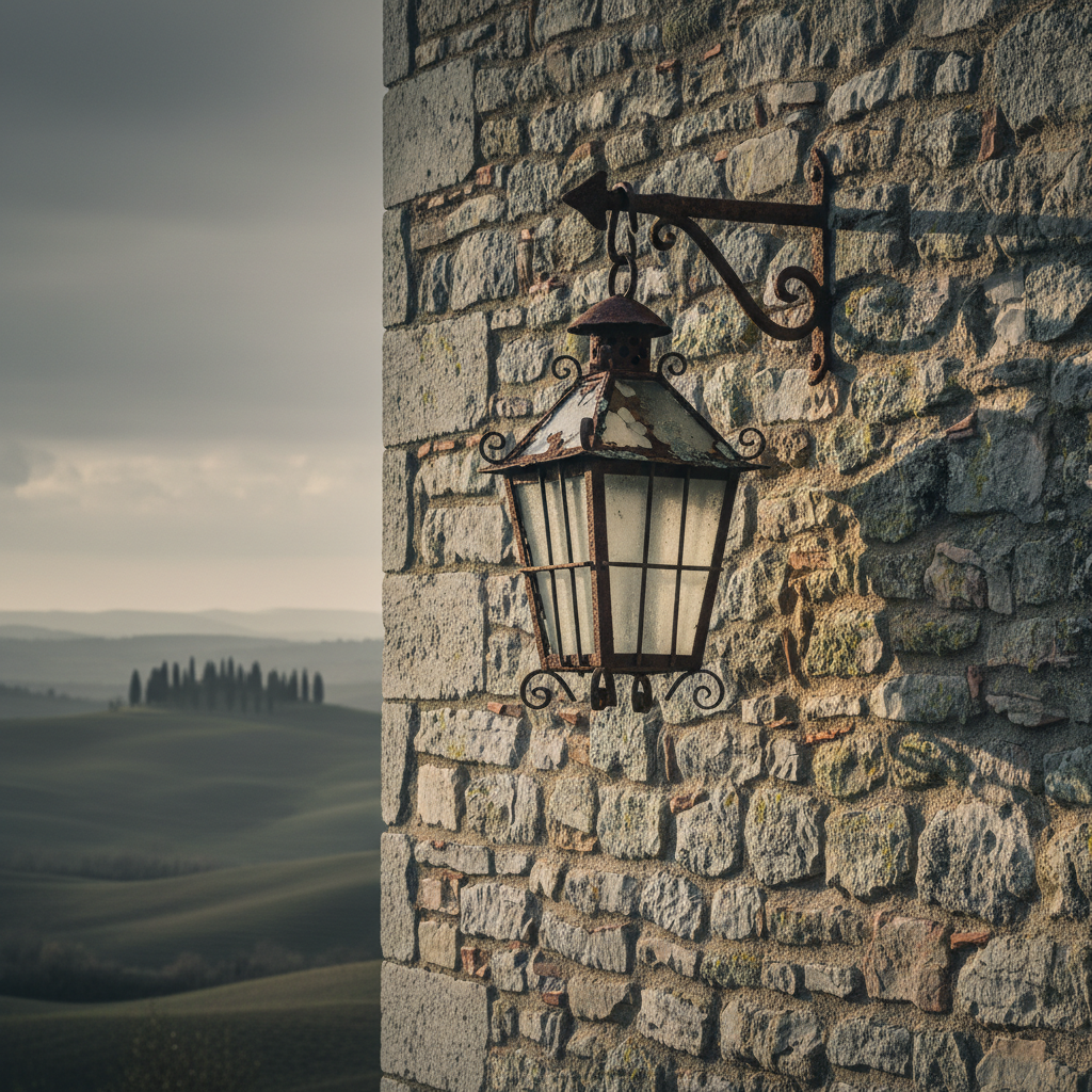 A rough, weathered Tuscan stone wall with a vintage iron lantern mounted on it.