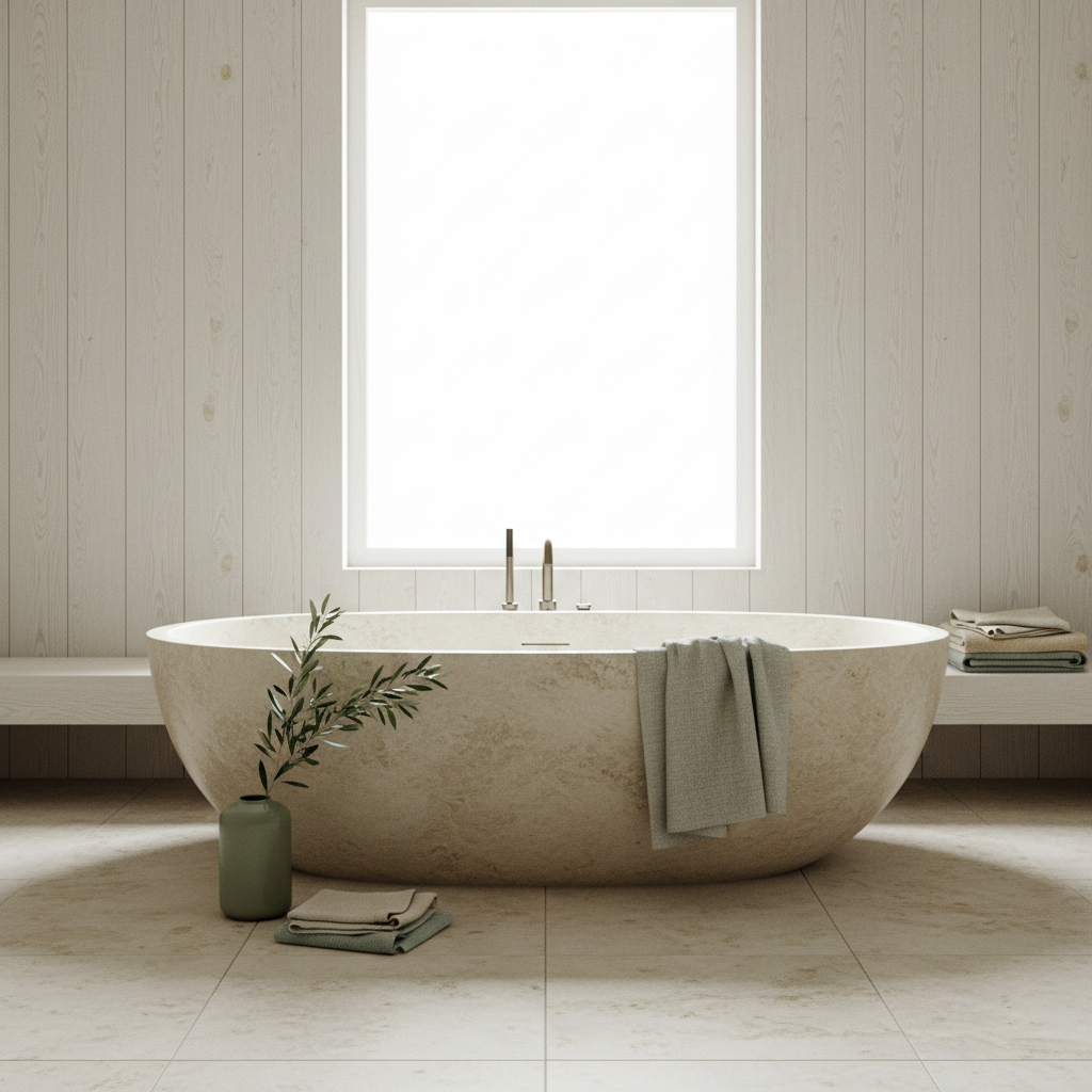 A sunlit, minimalist bathroom with a travertine soaking tub and white oak walls.