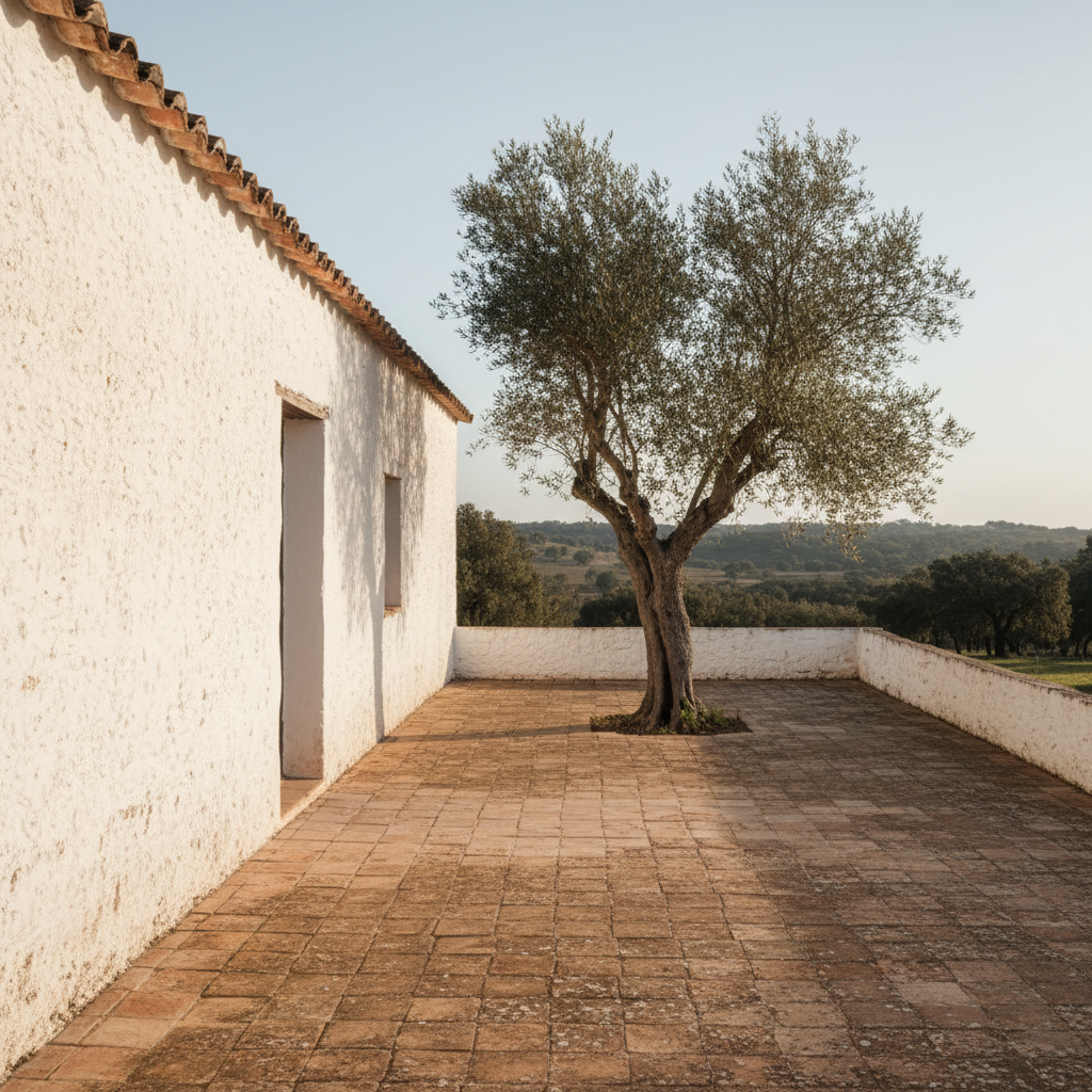 A whitewashed farmhouse terrace in Alentejo, Portugal, with a single olive tree in the soft afternoon light.