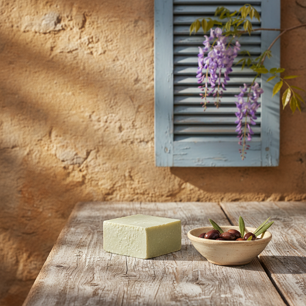 A block of pale green Savon de Marseille rests on a rustic wooden table in Provence.