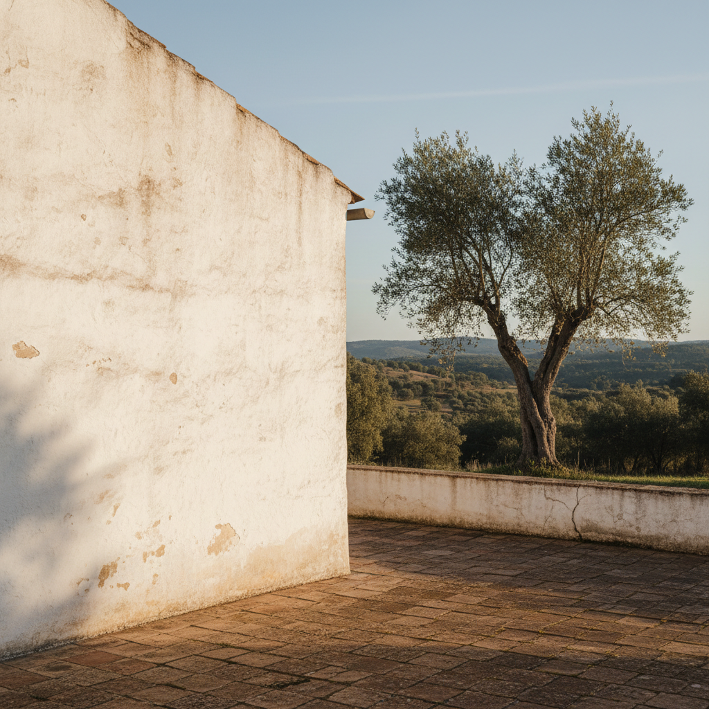 A close-up of a textured, lime-washed wall of a farmhouse in Alentejo, Portugal, with soft light casting gentle shadows.