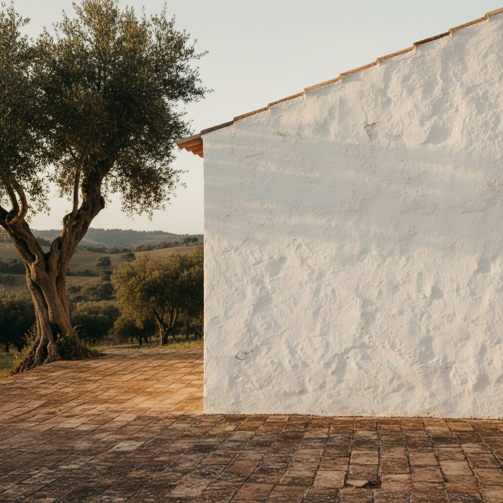 The textured, lime-washed white wall of a traditional farmhouse in Alentejo, Portugal, under a clear blue sky.