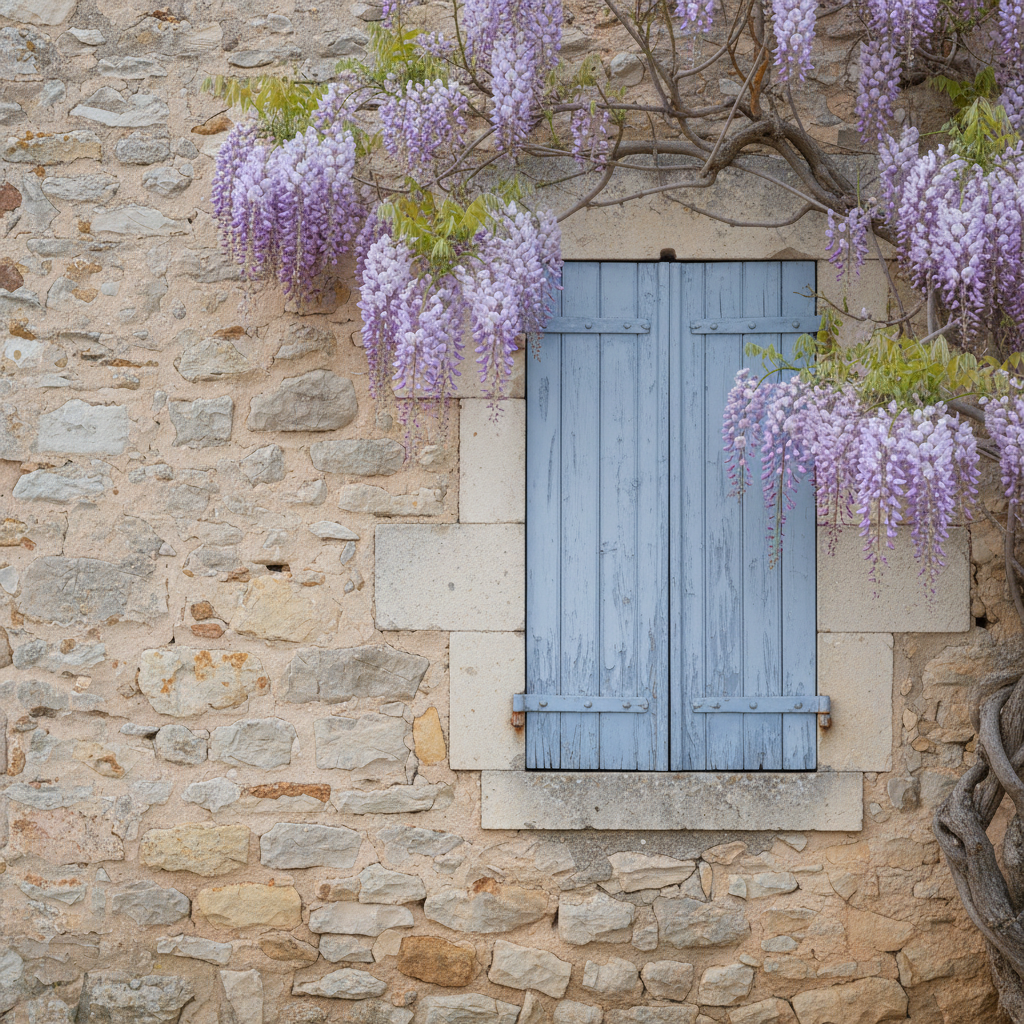 A pale stone wall in Provence with a single blue louvred shutter, framed by trailing wisteria.